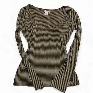 Frenchi Olive and Black Striped Long Sleeve Scoop Neck Top